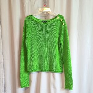 Ralph Lauren Bright Green Knit Crewneck Sweater with Shoulder Buttons